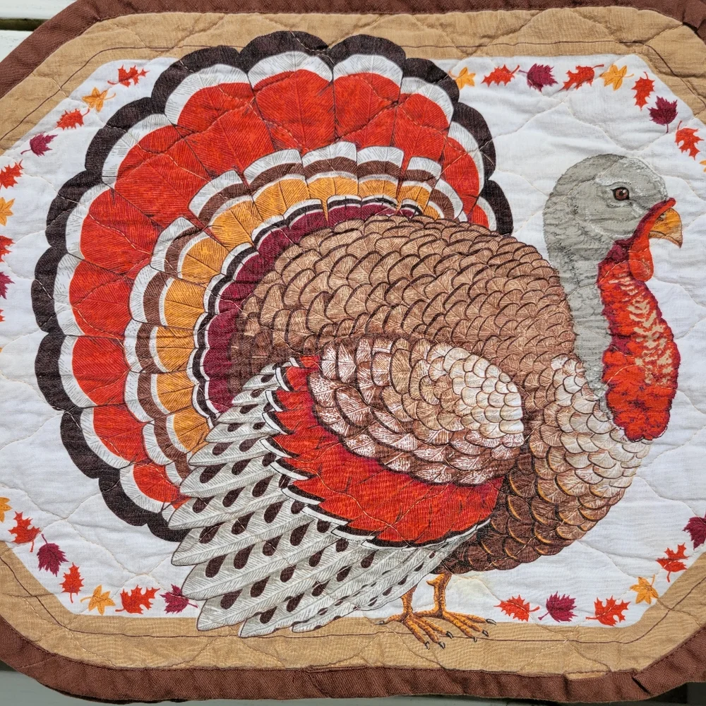 Quilted Turkey Placemats (6) Handmade Autumn Theme Leaves Farmhouse Cottage
